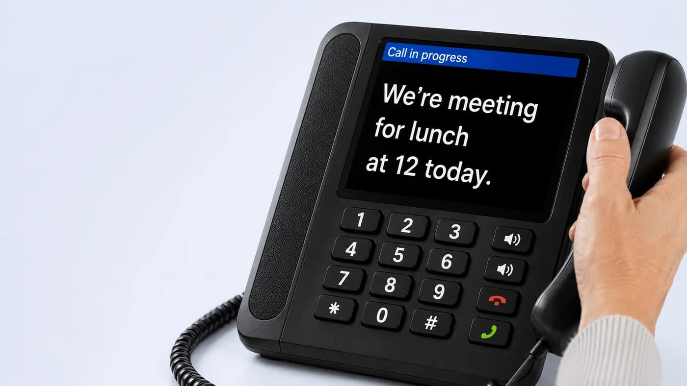 A captioned telephone held to the ear. Its screen shows the caller's words in large white text: 'We're meeting for lunch at 12 today.'