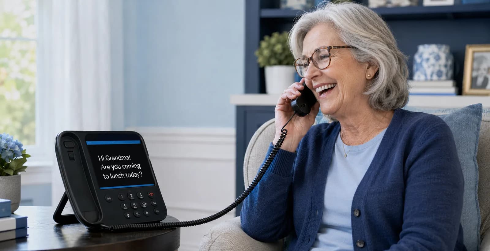 An older woman sitting in her living room, smiling while talking on a captioned telephone. The phone's screen reads: 'Hi Grandma! Are you coming to lunch today?'